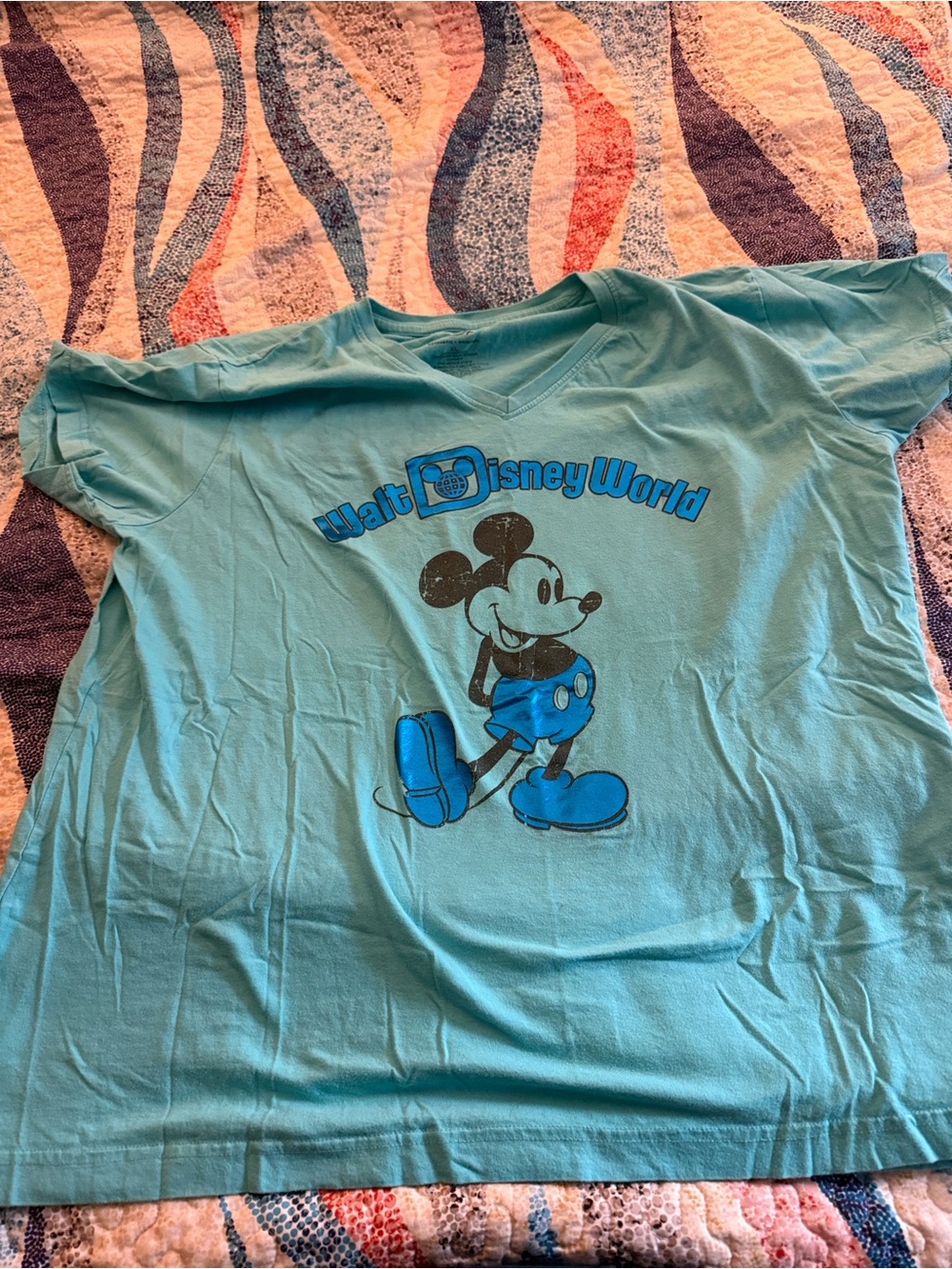 Disney Light Teal Mickey Mouse V-Neck Graphic Tee
